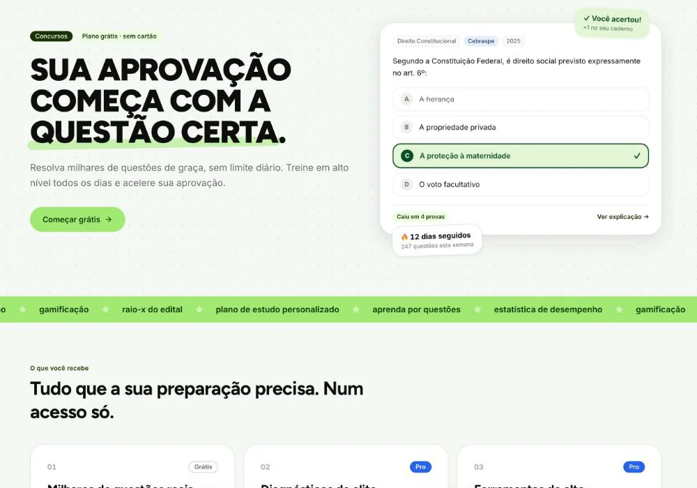 Página inicial do Gabaritei: sua aprovação começa com a questão certa, com uma questão de concurso respondida na tela.