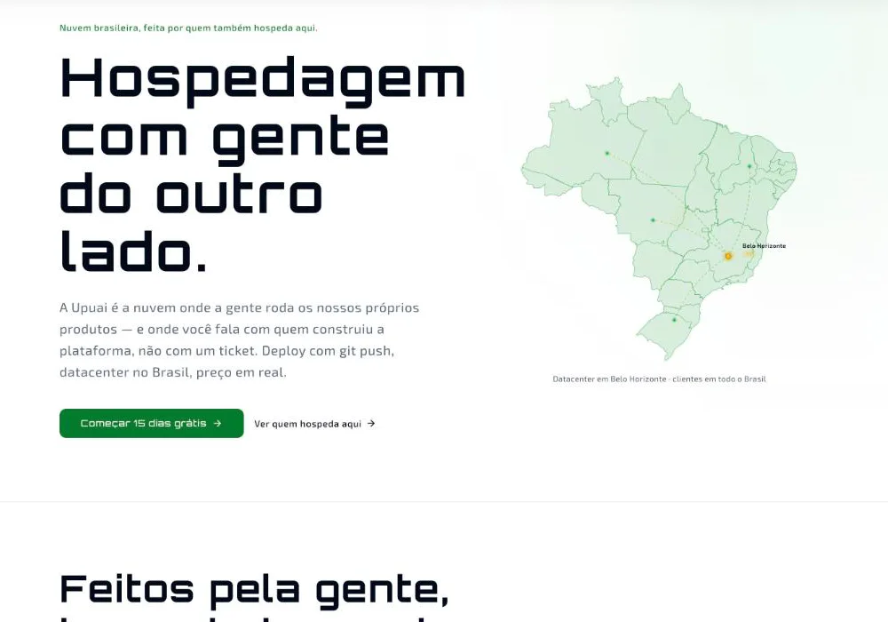Página inicial da UpUai Cloud: hospedagem com gente do outro lado, com mapa do Brasil e datacenter em Belo Horizonte.